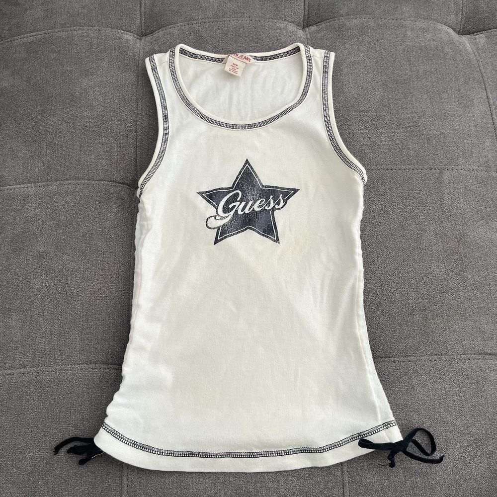 VTG Guess Jeans Women's Size Medium Cowboy Rodeo Tank Top White Ribbed Y2K Read!